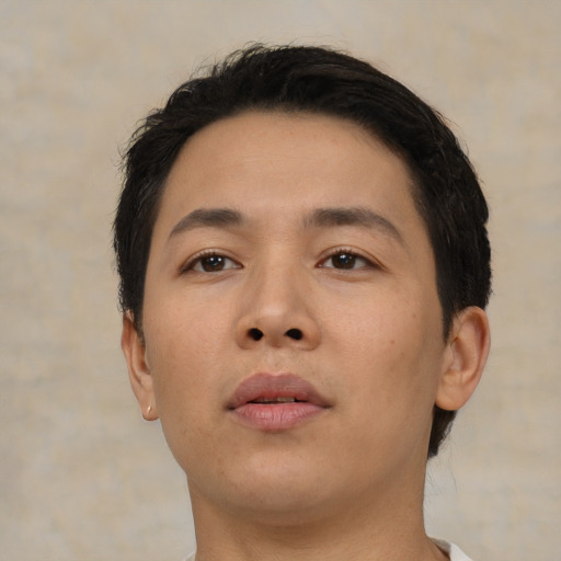 Neutral asian young-adult male with short  brown hair and brown eyes