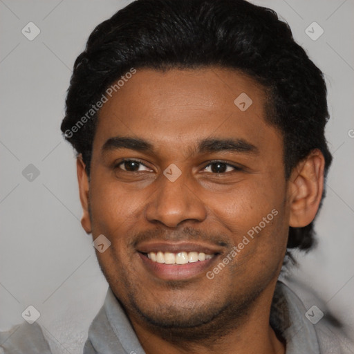 Joyful latino young-adult male with short  black hair and brown eyes