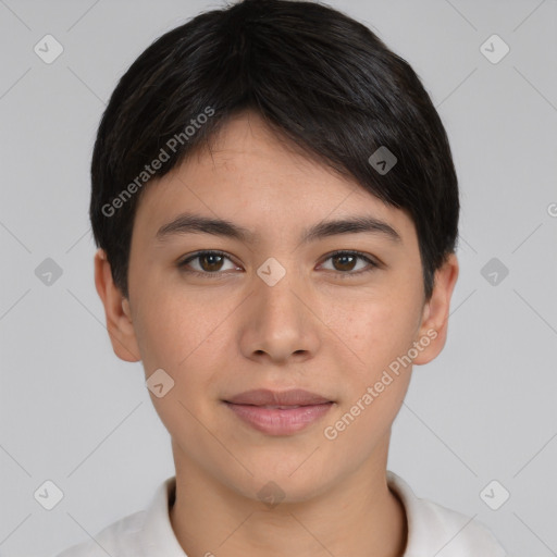 Joyful asian young-adult female with short  brown hair and brown eyes