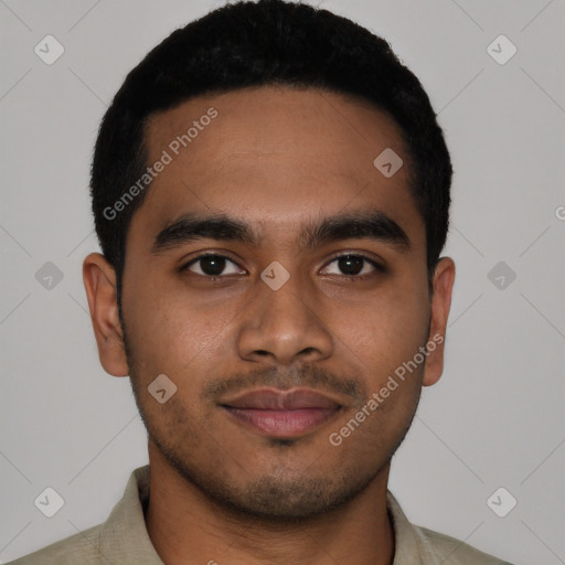 Neutral latino young-adult male with short  black hair and brown eyes