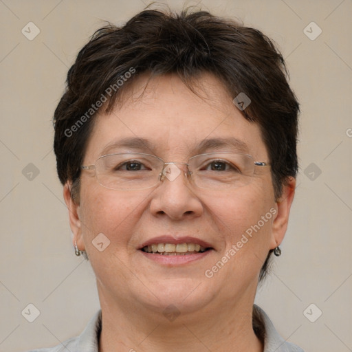 Joyful white adult female with short  brown hair and brown eyes