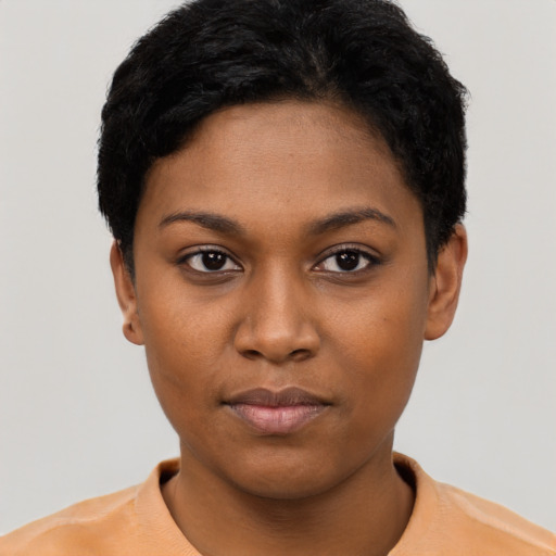 Neutral black young-adult female with short  black hair and brown eyes