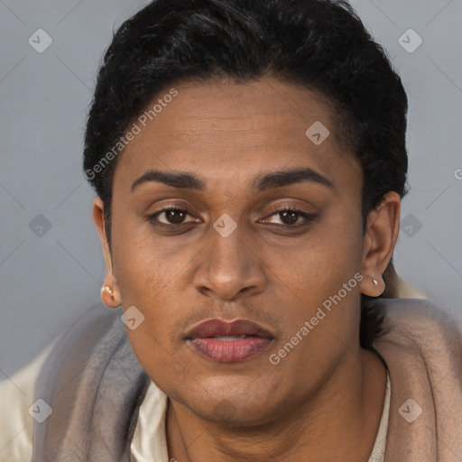 Joyful latino young-adult female with short  black hair and brown eyes