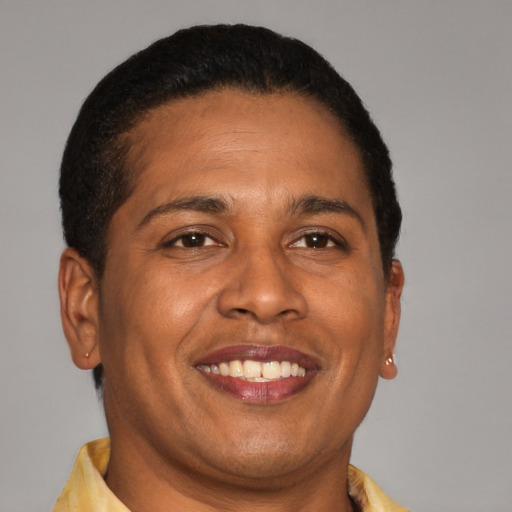 Joyful latino adult male with short  brown hair and brown eyes