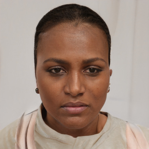 Neutral black young-adult female with short  brown hair and brown eyes