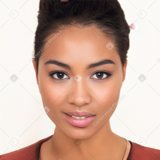 Joyful latino young-adult female with short  black hair and brown eyes