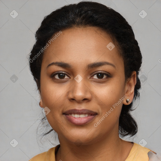 Joyful black young-adult female with medium  black hair and brown eyes