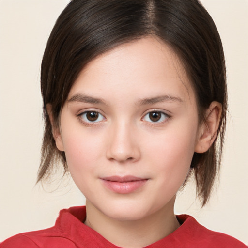 Joyful white child female with medium  brown hair and brown eyes