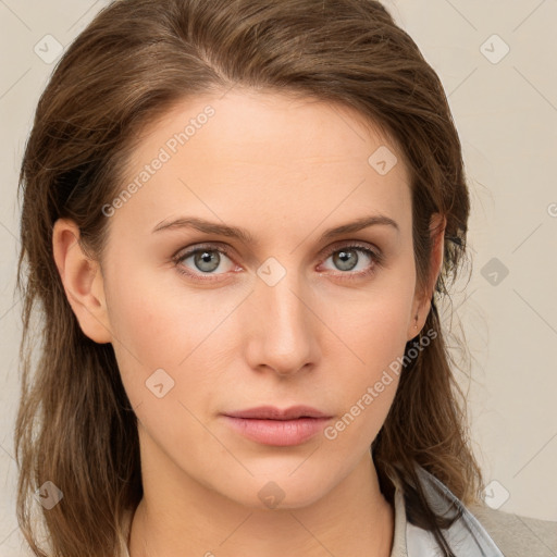 Neutral white young-adult female with medium  brown hair and grey eyes