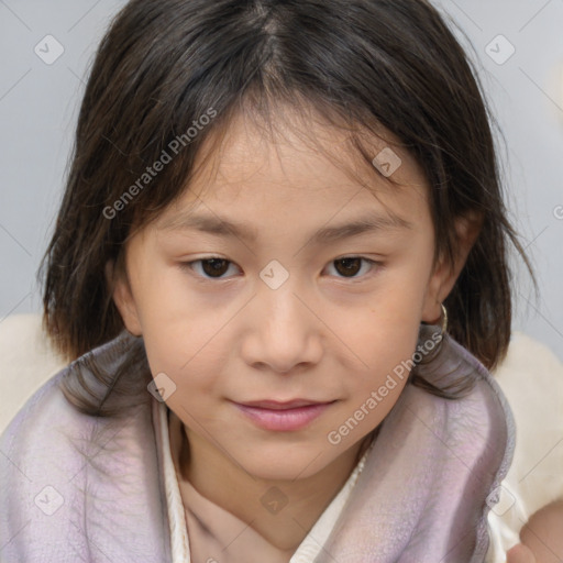 Joyful white child female with medium  brown hair and brown eyes