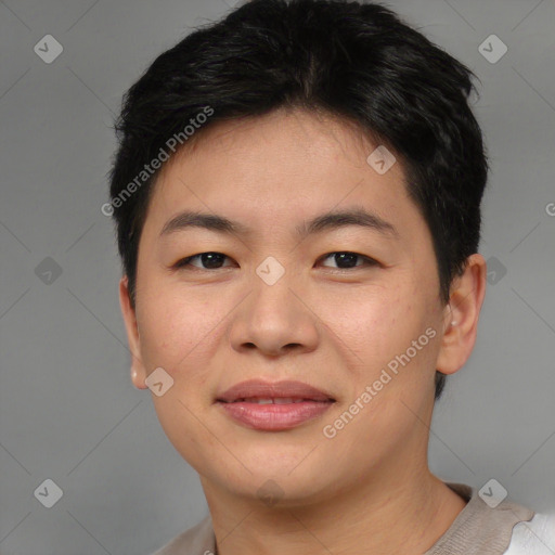 Joyful asian young-adult female with short  brown hair and brown eyes