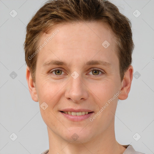 Joyful white young-adult female with short  brown hair and grey eyes