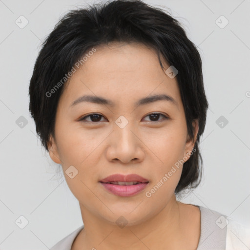 Joyful asian young-adult female with short  black hair and brown eyes