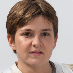 Neutral white young-adult female with short  brown hair and brown eyes