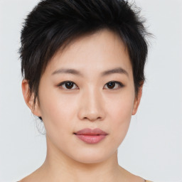 Neutral asian young-adult female with short  brown hair and brown eyes