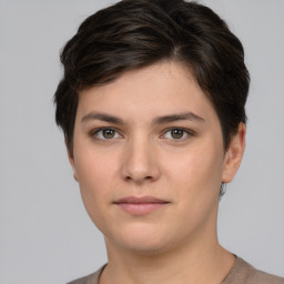 Neutral white young-adult female with short  brown hair and brown eyes