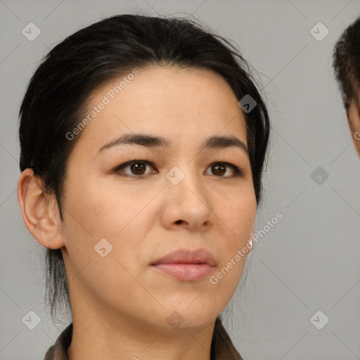 Neutral white young-adult female with short  brown hair and brown eyes