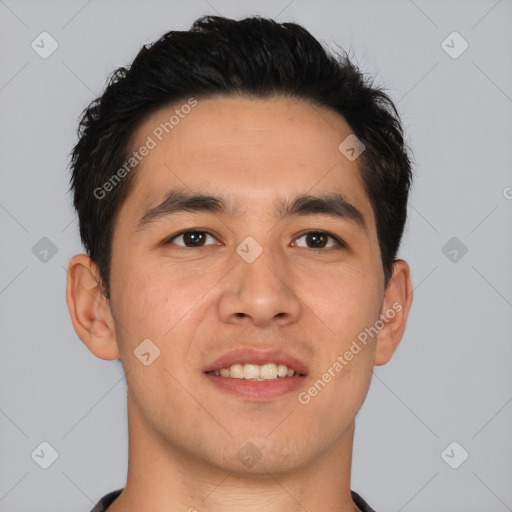 Joyful asian young-adult male with short  black hair and brown eyes