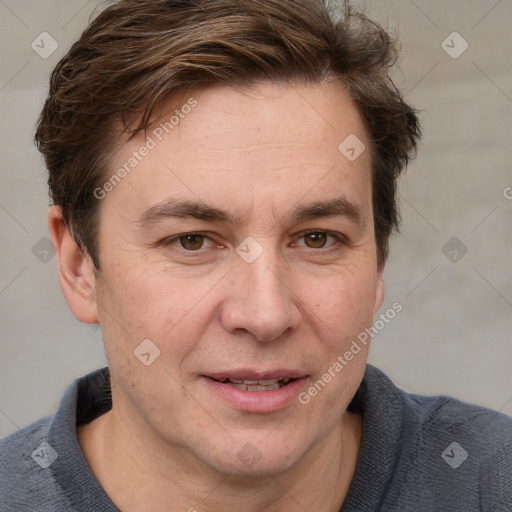 Joyful white adult male with short  brown hair and grey eyes