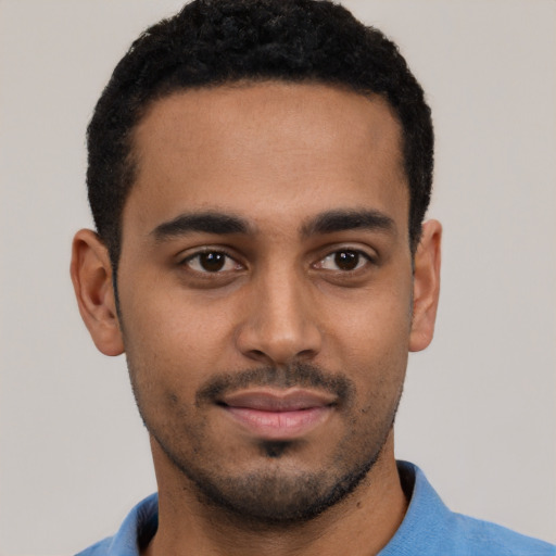Neutral black young-adult male with short  black hair and brown eyes