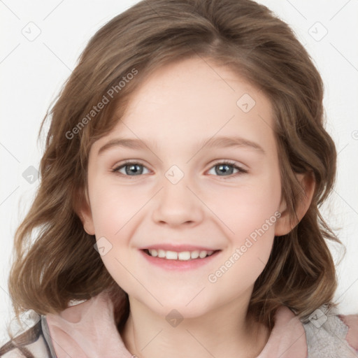 Joyful white child female with medium  brown hair and grey eyes