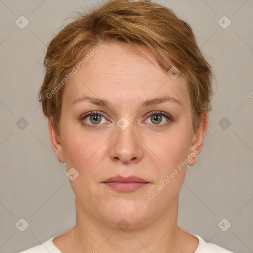 Neutral white young-adult female with short  brown hair and grey eyes