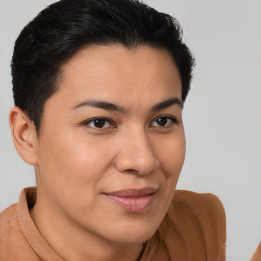 Joyful latino young-adult female with short  brown hair and brown eyes
