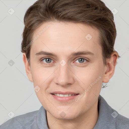 Joyful white young-adult female with short  brown hair and grey eyes