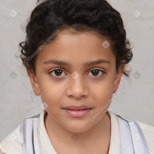 Joyful white child female with short  brown hair and brown eyes