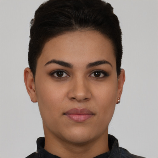 Neutral latino young-adult female with short  brown hair and brown eyes