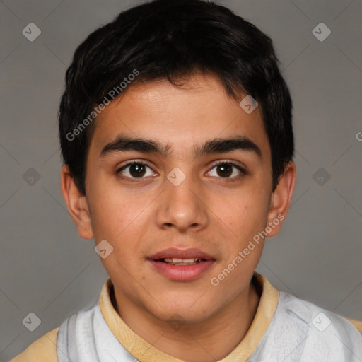 Joyful latino young-adult male with short  brown hair and brown eyes