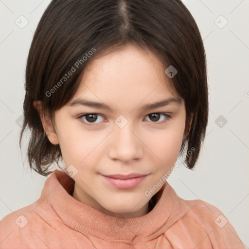 Joyful white child female with medium  brown hair and brown eyes