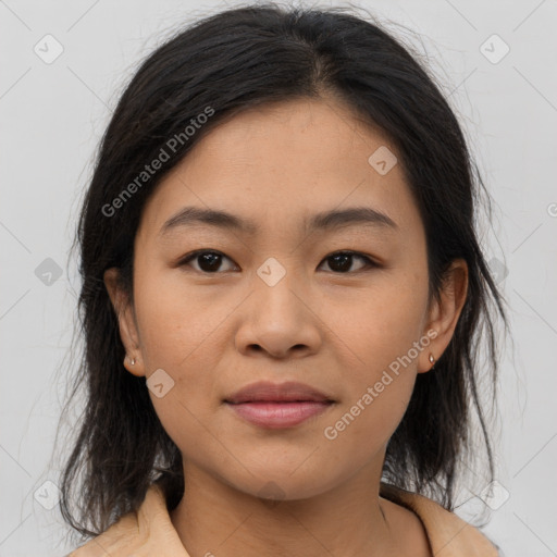 Joyful asian young-adult female with medium  brown hair and brown eyes