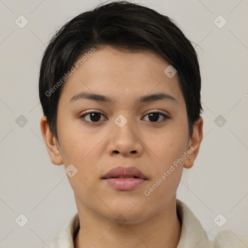 Neutral asian young-adult female with short  brown hair and brown eyes