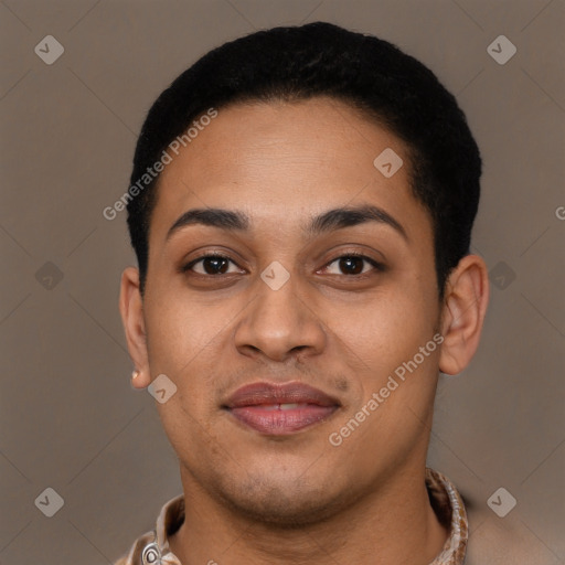 Joyful latino young-adult female with short  brown hair and brown eyes