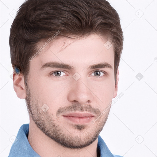 Neutral white young-adult male with short  brown hair and grey eyes