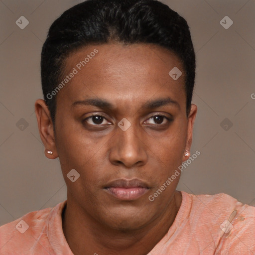 Neutral black young-adult male with short  black hair and brown eyes