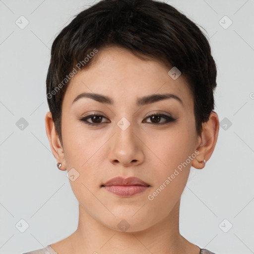 Neutral white young-adult female with short  brown hair and brown eyes