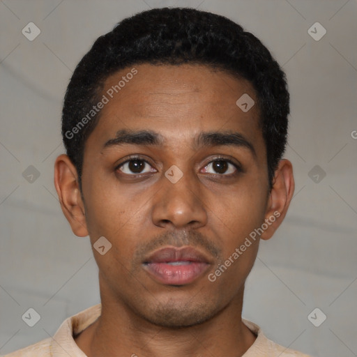 Neutral latino young-adult male with short  black hair and brown eyes