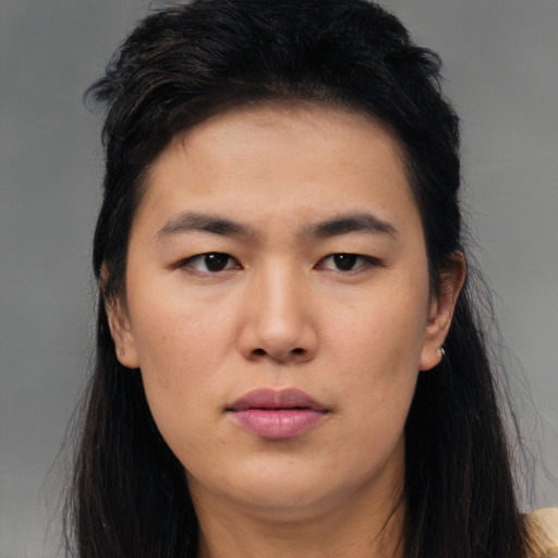 Neutral asian young-adult female with long  brown hair and brown eyes
