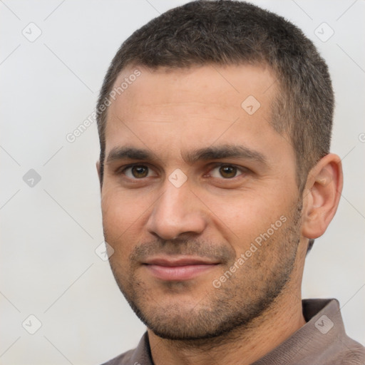 Neutral white young-adult male with short  brown hair and brown eyes