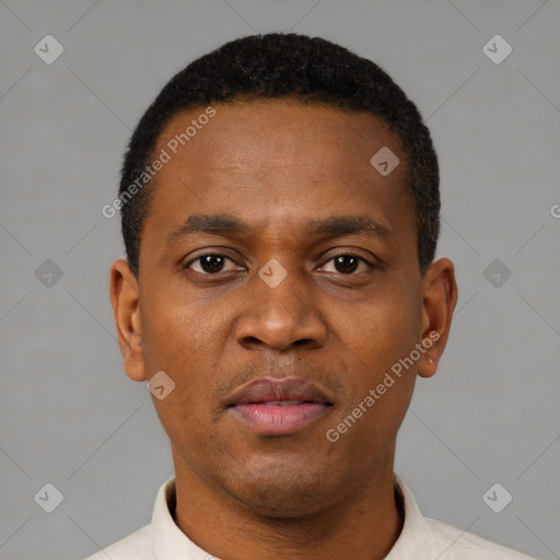 Neutral black young-adult male with short  black hair and brown eyes
