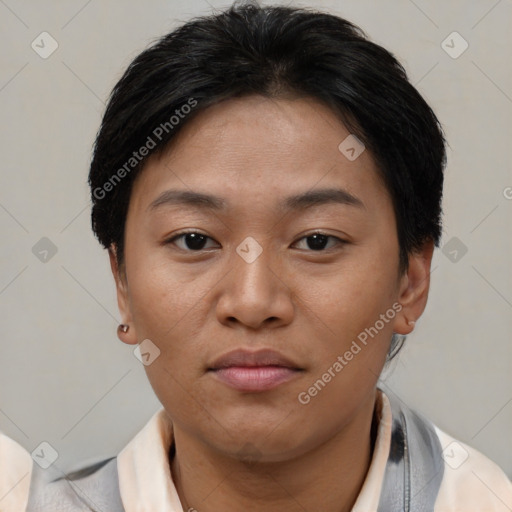 Neutral asian young-adult female with short  brown hair and brown eyes