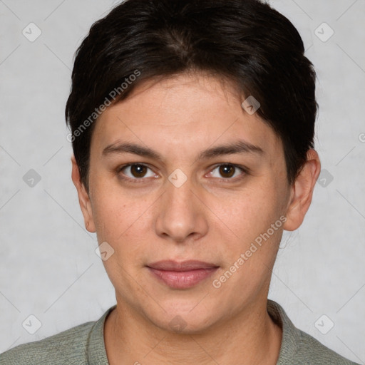 Joyful white young-adult female with short  brown hair and brown eyes