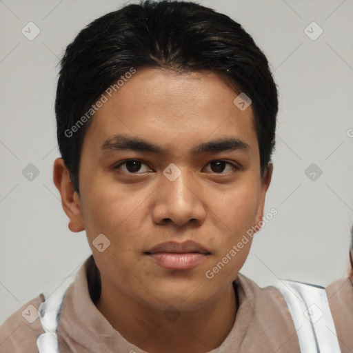 Neutral asian young-adult male with short  black hair and brown eyes