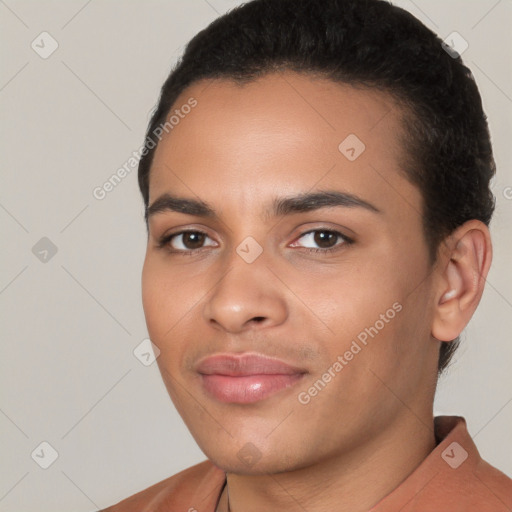 Joyful white young-adult female with short  brown hair and brown eyes