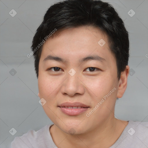 Joyful asian young-adult female with short  brown hair and brown eyes