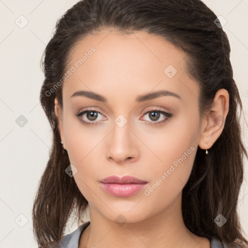 Neutral white young-adult female with long  brown hair and brown eyes