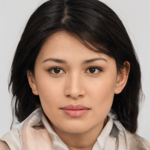 Neutral asian young-adult female with long  brown hair and brown eyes