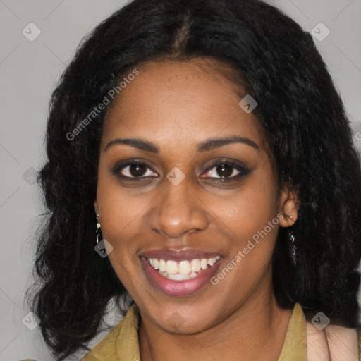 Joyful latino young-adult female with long  black hair and brown eyes